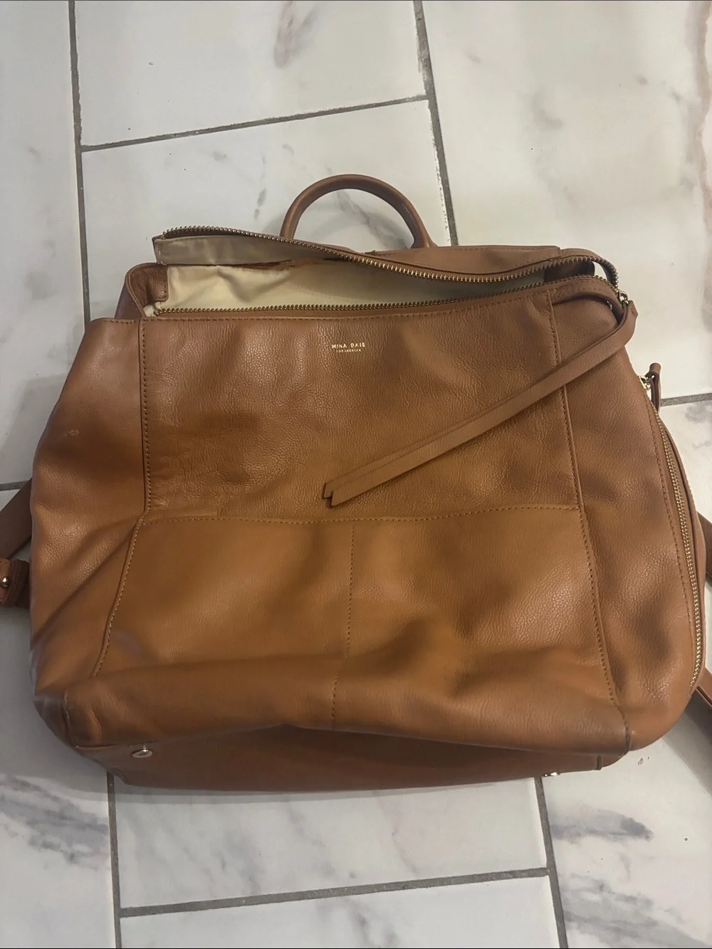 Mina Baie Cognac Leather Baby Backpack Diaper Bag